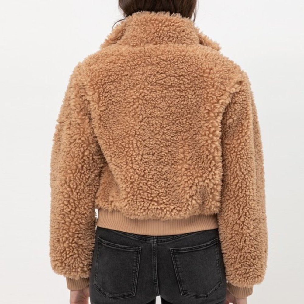 NEW Camel Cozy Soft Fluffy Fur Teddy Bomber Jacket - Picture 7 of 10